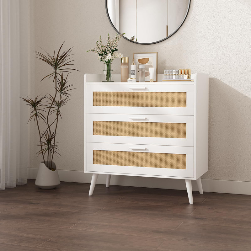 White and Rattan 3-Drawer Chest with Power Outlets