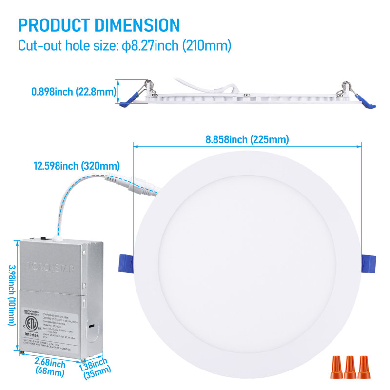 Luminaire encastré ultra-mince à DEL de 5 cct 8 po avec boîte en J, encastré en aluminium à intensité variable Cri90