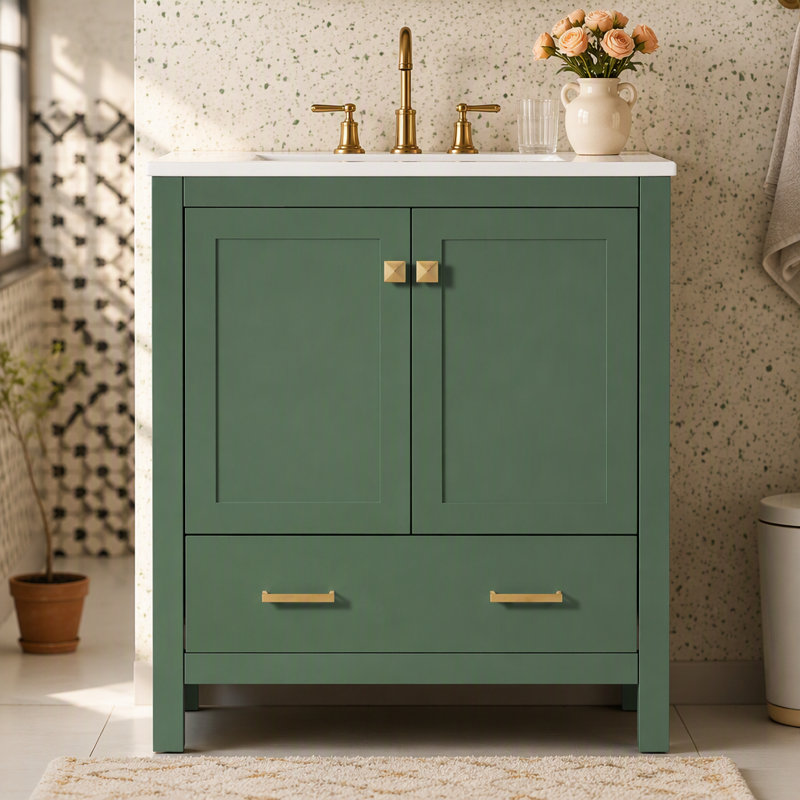 Meuble-lavabo de 30 po avec lavabo simple, lavabo sous le comptoir, armoire de rangement pour la salle de bain avec 2 portes et un tiroir, fermeture en douceur, rangement multifonctionnel