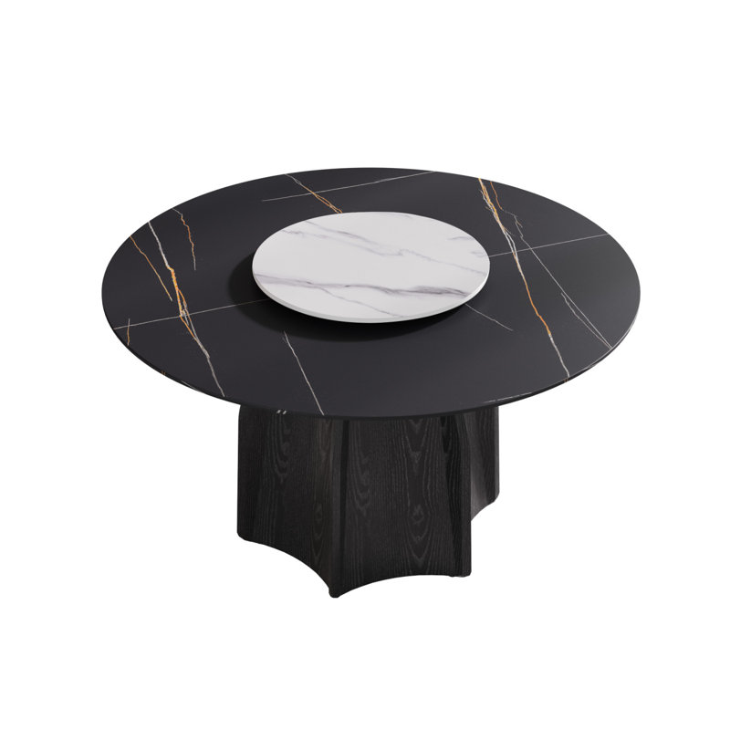 Table de salle à manger ronde en marbre de 53 po avec base en bois massif texturé noir, marbre artificiel pour 6 personnes, table tournante en pierre artificielle blanche 23,62 po et blanc (table de salle à manger seulement)