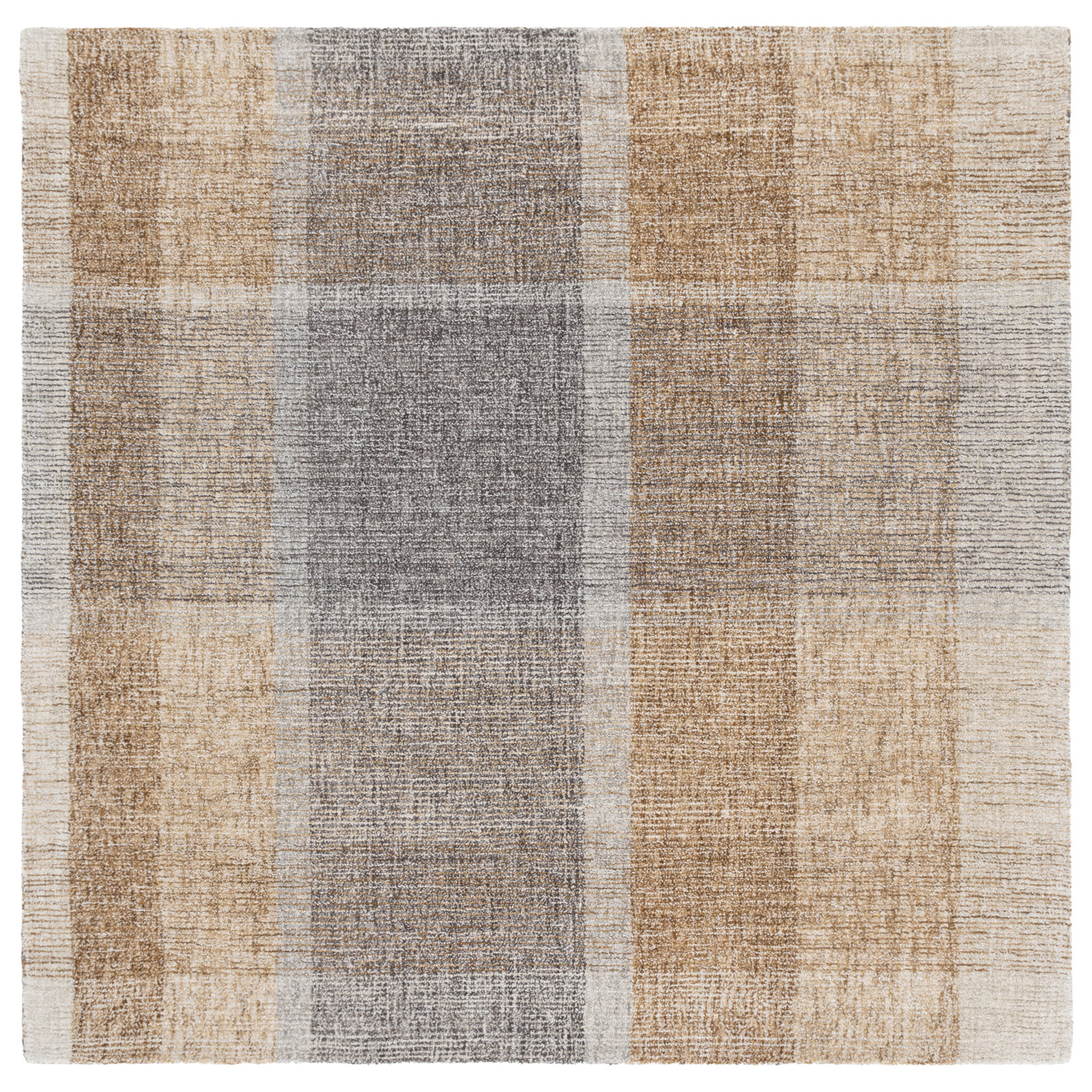 Light Brown Blue Hand-Tufted Geometric Wool Rug, Square 6'