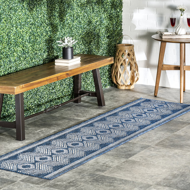 Tapis intérieur / extérieur Tribal, Bleu clair / ivoire, Tapis de couloir 2 pi x 8 pi