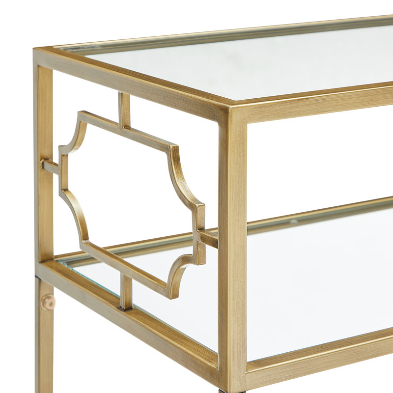 Table d'appoint rectangulaire en métal doré antique et verre trempé avec support en forme de H, deux tablettes, glissières de plancher, 20,97 lb, 13,37 po de profondeur