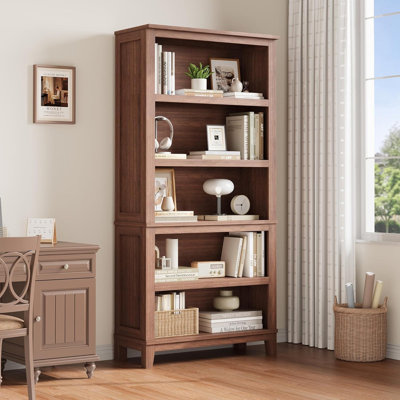 71" Farmhouse Bookcase with Adjustable Shelves, 31.5" Wide 5-Tier Tall Bookshelf, Rustic Wooden Legs