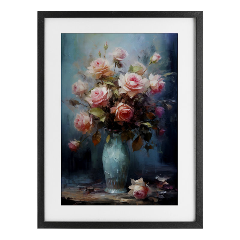 Vase bleu avec roses roses, reproduction encadrée sous verre, design par LSR Creative Studio, H 20 po x l 14 po