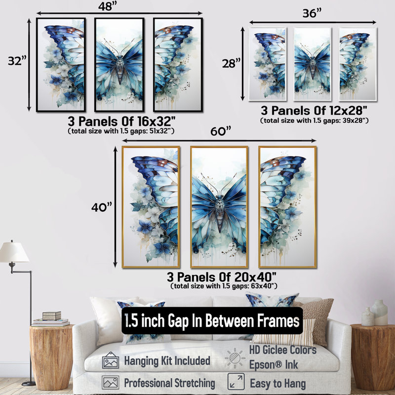 Papillon, aquarelle, ailes I - ensemble de salon avec art animalier papillon, H 40 po x l 60 po, Cadre flottant doré