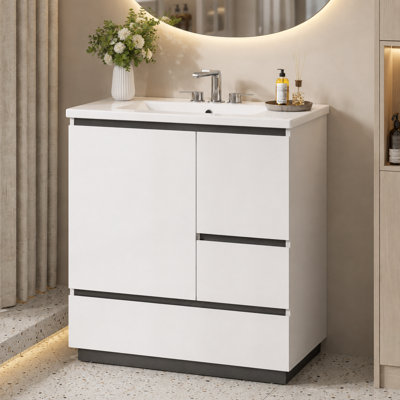 Meuble-lavabo simple sur pied de 76 cm (30 po) avec lavabo en céramique et station de prise électrique, chêne naturel