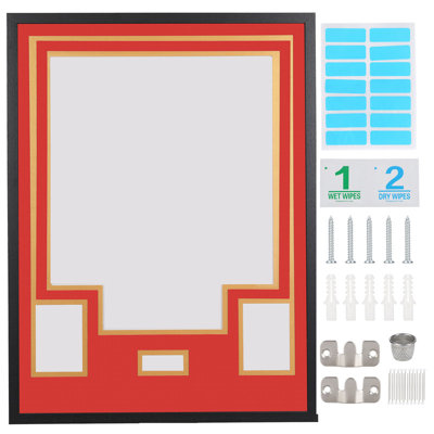 Custom Jersey Frame Display Case with Color Mat, Photo Slots & Signature Display, Wall Mount Shadow Box with Hardware Kit, Top Color: Red, Base Color: Gold