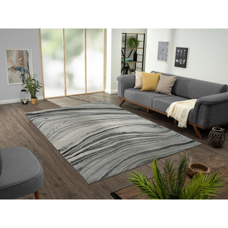 Tapis rectangulaire gris / noir en polyester tissé à la machine Chalandra, Rectangle 5 pi 2 po x 7 pi 2 po