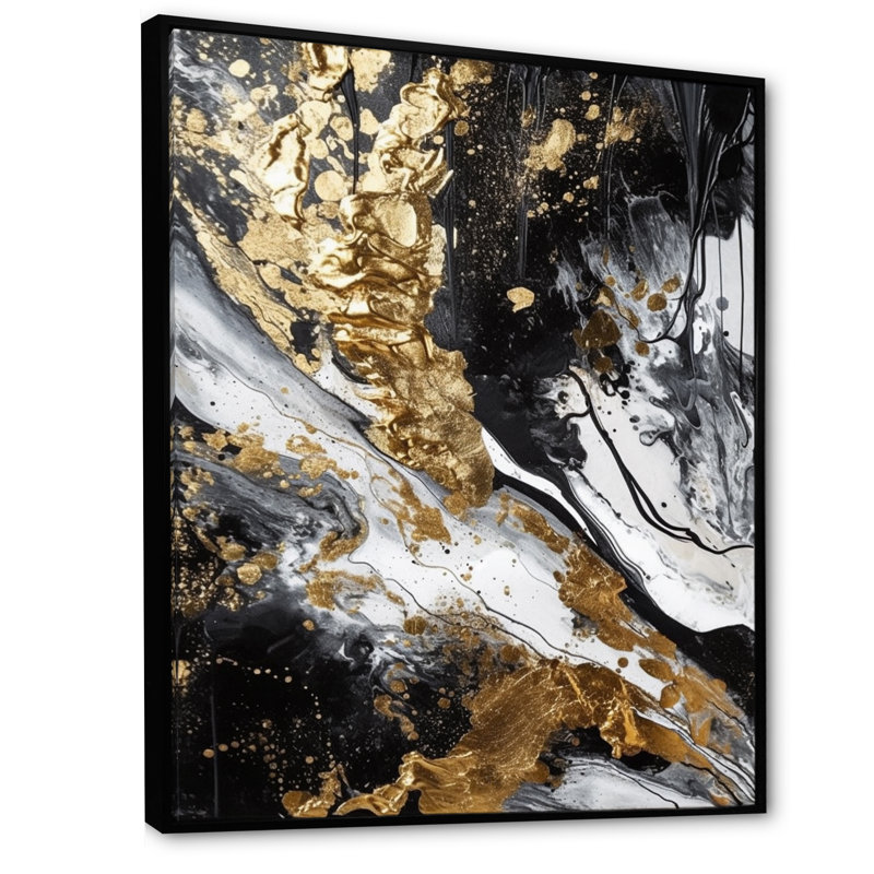 «River Happiness Abstract Gold Black White», reproduction d'art sur toile, H 40 po x l 30 po, Cadre flottant noir