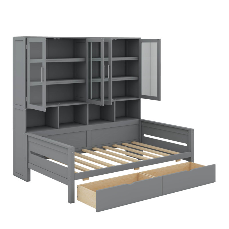 Lit de jour simple en bois avec armoires de rangement à portes vitrées, éclairage DEL et tablettes, Lit simple