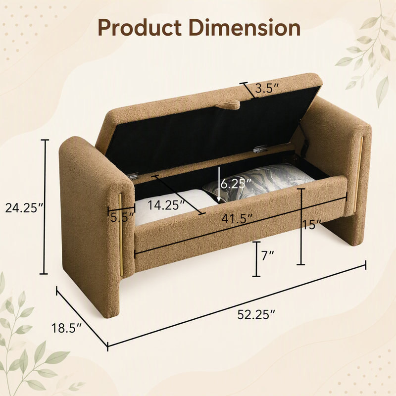 Banc de bout avec accoudoirs et rangement Modern Teddy Bed, H 24,4 po x L 52,3 po x P 18,5 po, Brun, Brun