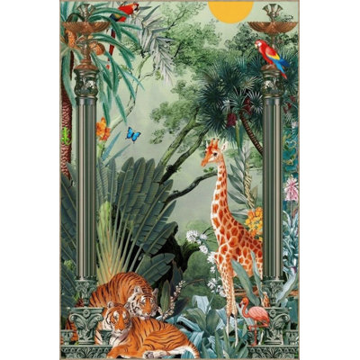 Wild Forest Themed Giraffe And Parrot Patterned Modern Decorative Carpet