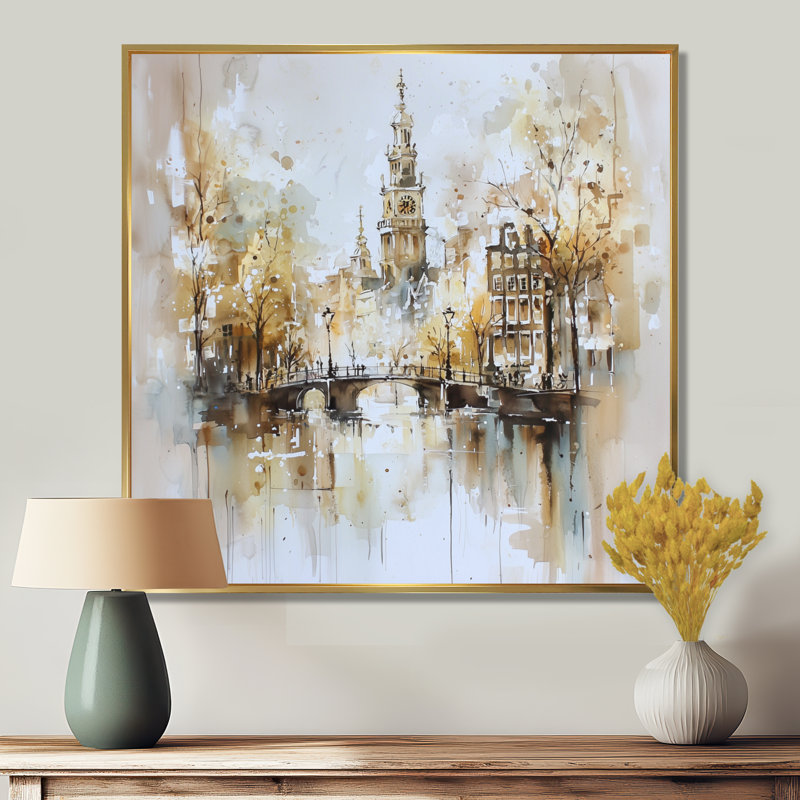 Watercolor Amsterdam Soft Dreamy Architecture I - Amsterdam Wall Art Living Room, H 16 po x l 16 po, Doré
