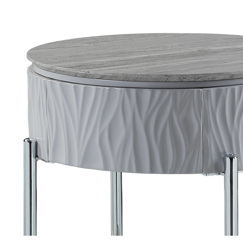 Table de bout ultrabrillante, l 47 po x P 16 po x H 30 po, panneau de fibres à densité moyenne, mélamine, métal, papier, placage, 1 pièce, finition grise et lustrée pour un look contemporain poli