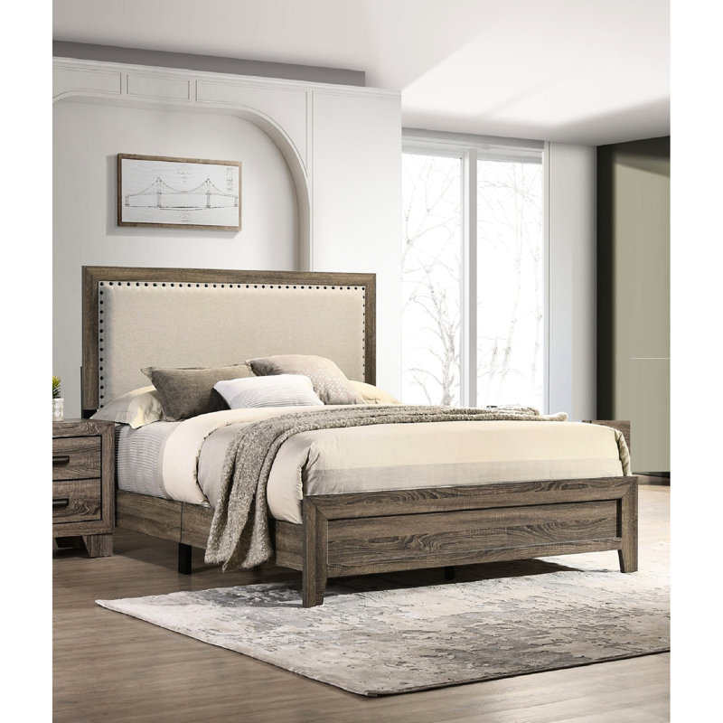 Très grand lit chic avec tête de lit tapissier grise et écrou en bois résistant en bois massif, Très grand lit, Gris