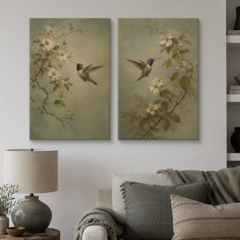 Art de colibri et fleur, photos de chambre, impression sur toile encadrée, 2 pièces, 24" H x 32" W x 1.5" D, Wrapped Canvas