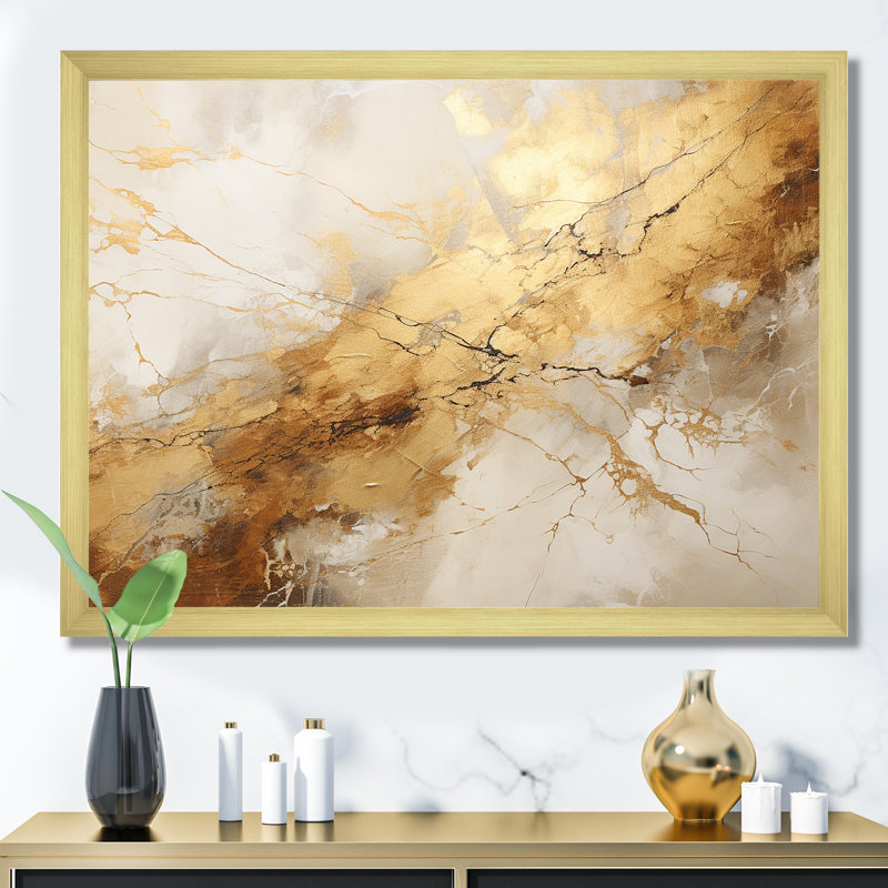 «Beige and Gold Marble Lightning I», reproduction d'art sur toile encadrée, Cadre doré simple, H 24 po x l 32 po x P 1 po