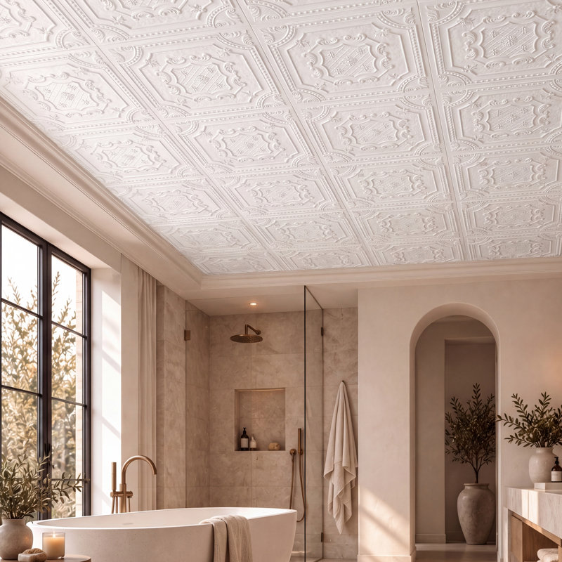 Pavillon élisabéthain de 2 pi x 2 pi Tuile de plafond à poser ou à coller, Blanc mat