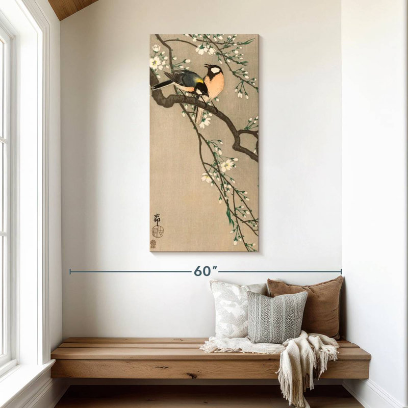 Oiseaux chanteurs sur une branche de cerisier, H 48 po x l 24 po