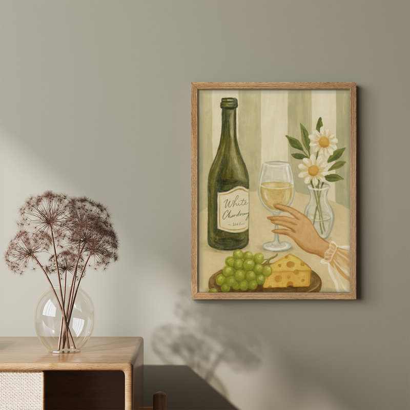 «Wine and Cheese Still Life», impression encadrée de chardonnay blanc élégant pour décor de salle à manger ou de bar, Naturel