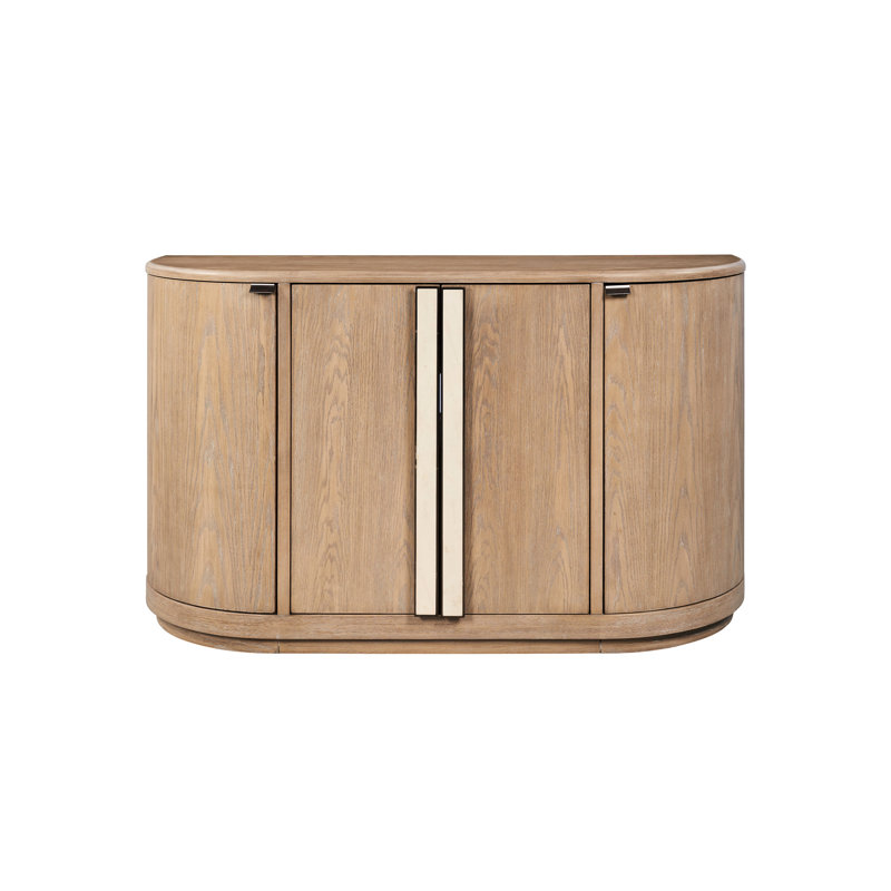 Desserte caramel avec un profil en demi-lune gracieux, un placage de chêne chaud, des poignées en pierre attrayantes, un espace de rangement spacieux, des charnières à fermeture en douceur, de la quincaillerie personnalisée distinctive, du bois massif beige et un produit,