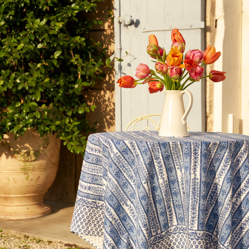 Avignon Handmade Floral Tablecloth, 128" x 71", Dijon/Blue
