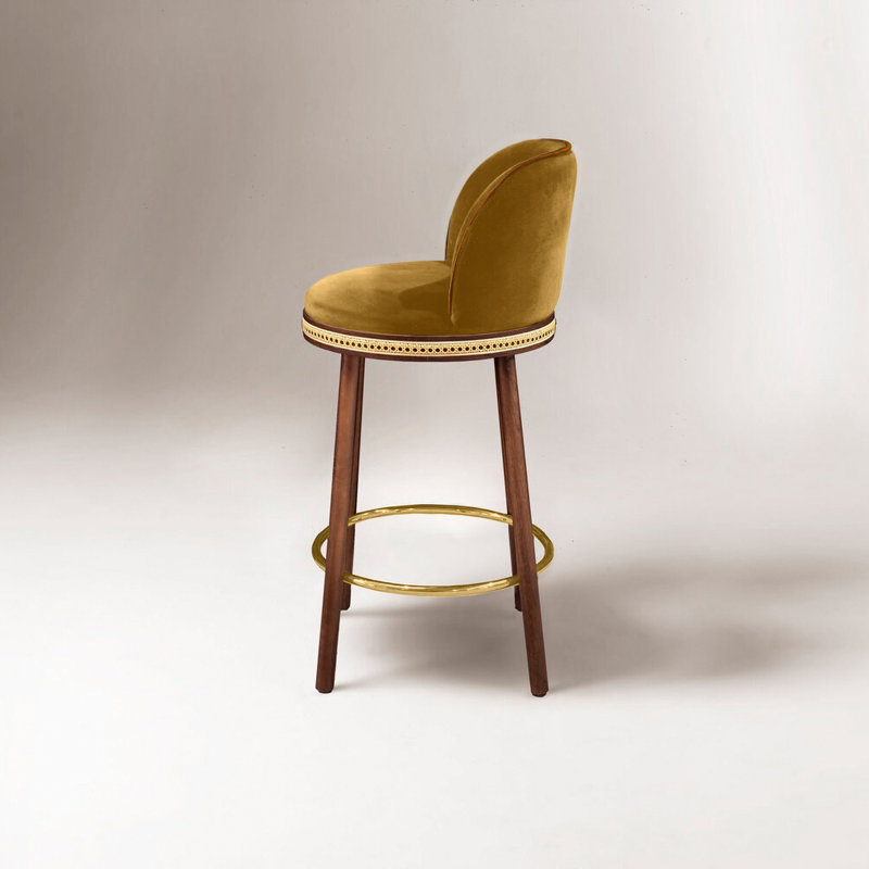 Alma Upholstered Stool with Solid Wood Frame, Bar Stool (30" Seat Height), Satin Brass, Dijon