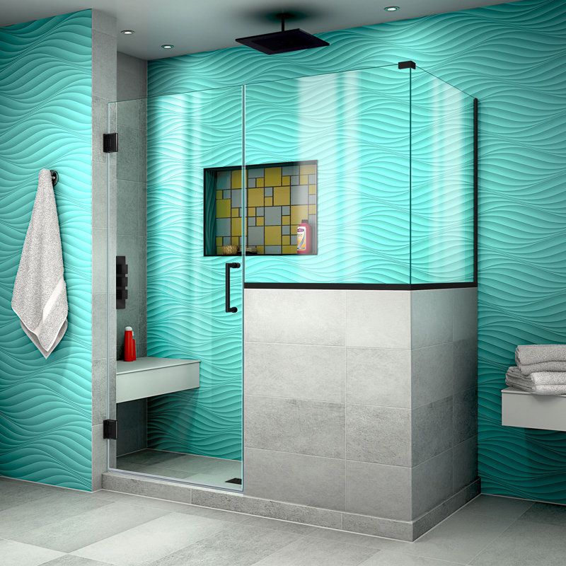 Unidoor Plus 53" W x 36.375" D x 72" H Frameless Pivot Rectangle Shower Enclosure with Fixed Panel, Matte Black