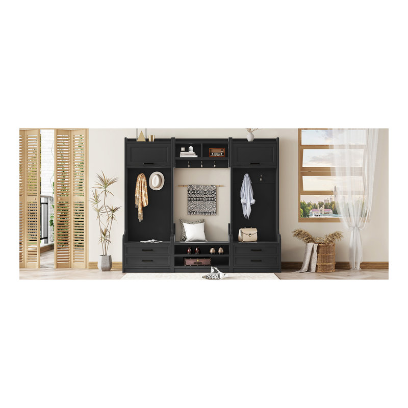 4-In-1 Detachable Hall Tree With Storage And 7 Hooks, Multiple Functions Hallway Coat Rack With Storage Drawers And Cabinet, Black Shoe Bench For Entryway Hallway