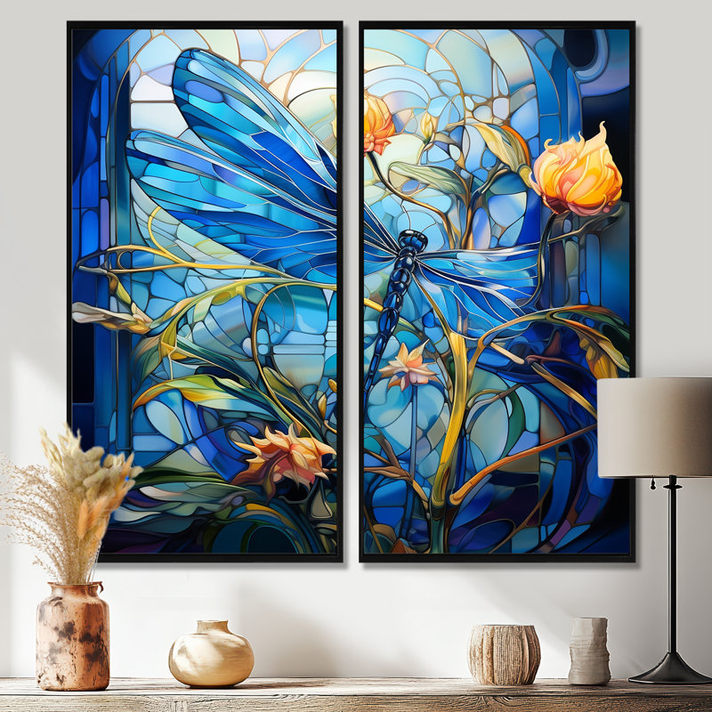 Blue Dragonfly Yellow Flowers - Modern Wall Art, 20" H x 24" W, Impression encadrée flottante, Black