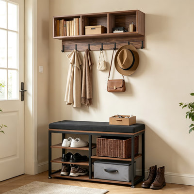Organisateur d'entrée 2 pièces, étagère porte-manteau murale style industriel rustique avec 7 crochets et banc de rangement pour chaussures rembourré, banc porte-chaussures autoportant pour couloir, appartement ou dortoir