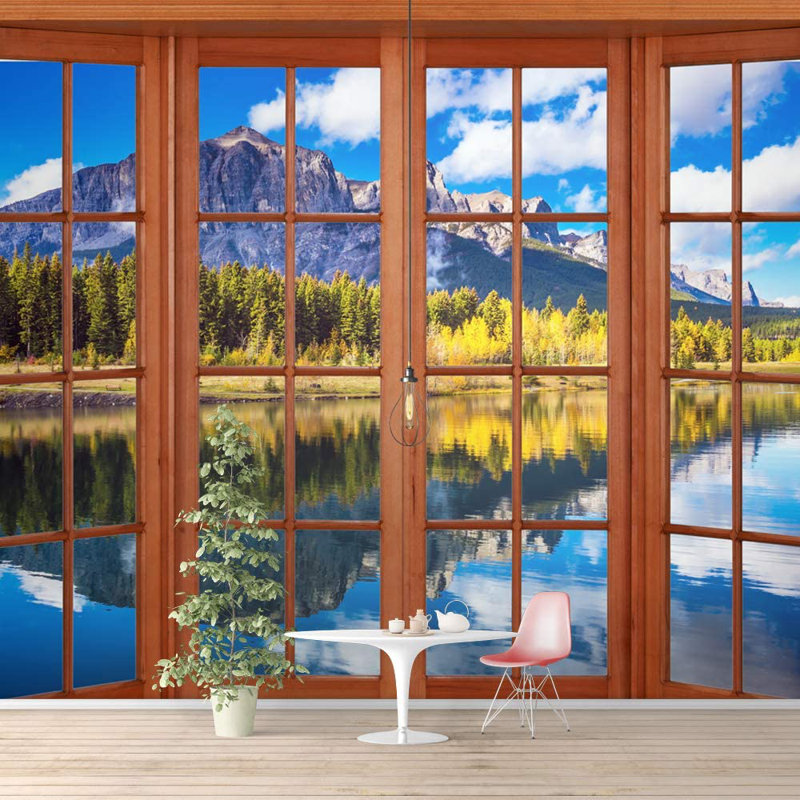 Adhésif mural fenêtre vue de la nature, L 66 po x L 96 po