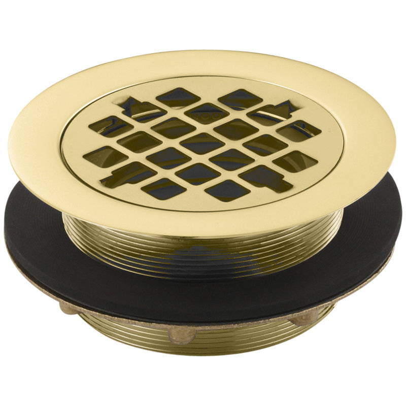Kohler Round Shower Drain for Use with 2" Metal or Plastic Pipe, Gasket Included, Vibrant Polished Brass