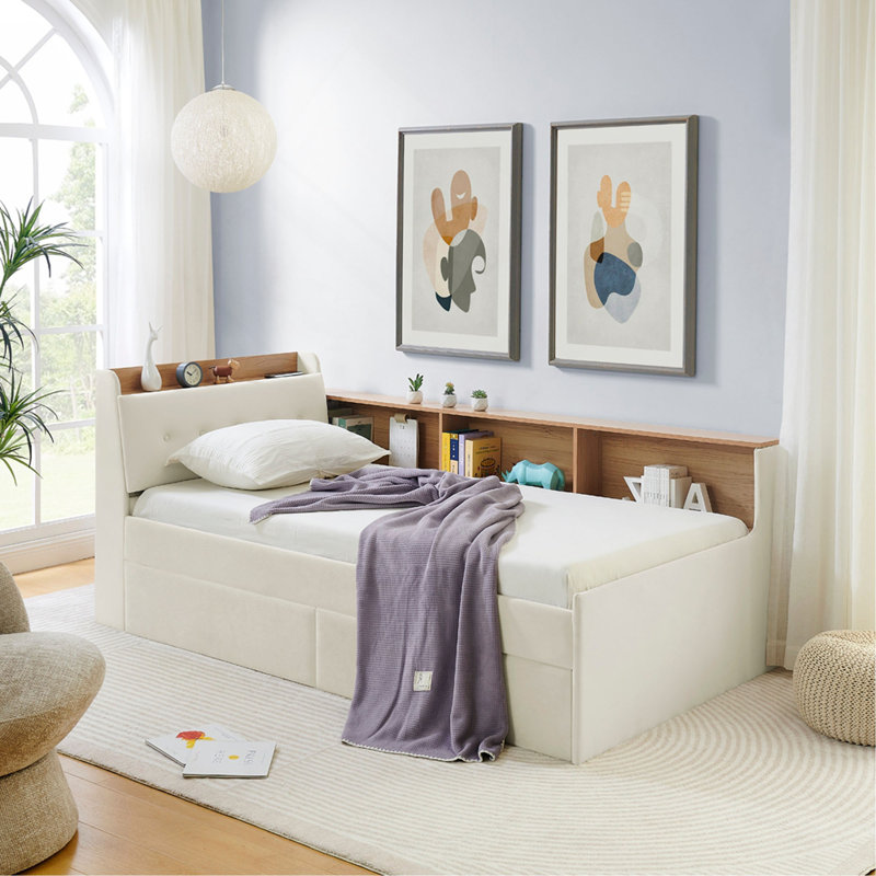 Upholstery Velvet Day Bed With Storage Headboard And Wireless Charging, Multi-Functional Daybed With Two Storage Drawers & LED Lights
