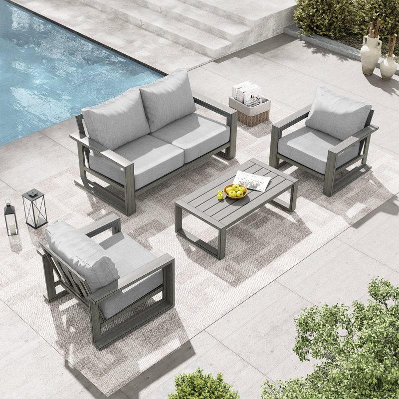 Ensemble de conversation d'extérieur en aluminium 4 pièces avec causeuse, coussins gris et table basse Adden, Gris
