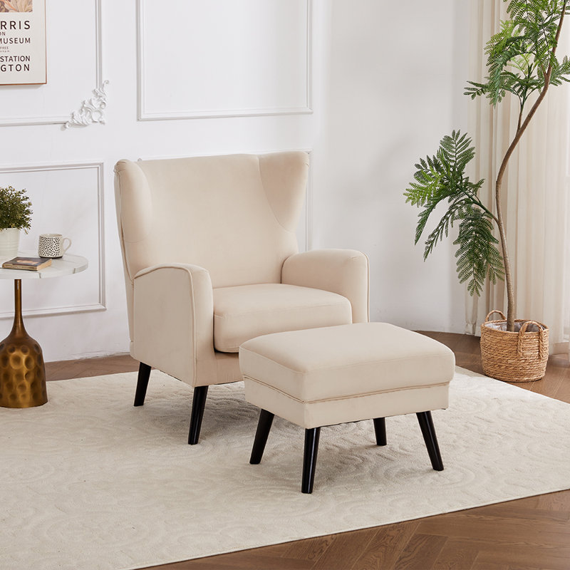 Upholstered Wingback Chair With Footstool, Beige Velvet
