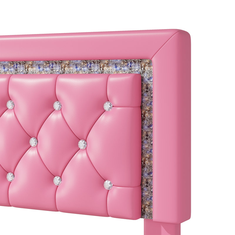 Lit plateforme flottant Queen size en similicuir rose avec tête de lit capitonnée en losanges et éclairage DEL, sans sommier, conception silencieuse, montage facile