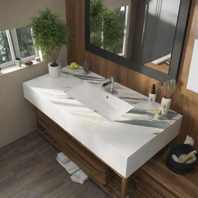 Lavabo rectangulaire encastré en céramique blanche de 71 x 36 cm avec trop-plein, bonde de 4,4 cm, grand lavabo pour salles de bain principales