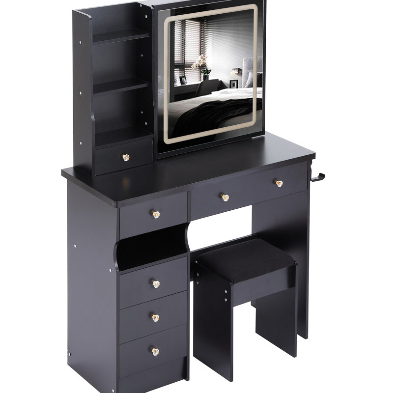 Table de coiffeuse et tabouret de bureau de 37 po avec tiroir à gauche, 2 ports électriques, grand miroir coulissant, tabouret rembourré de taille moyenne à 3 couleurs réglable, avec douille, support pour sèche-cheveux, interrupteur à DEL