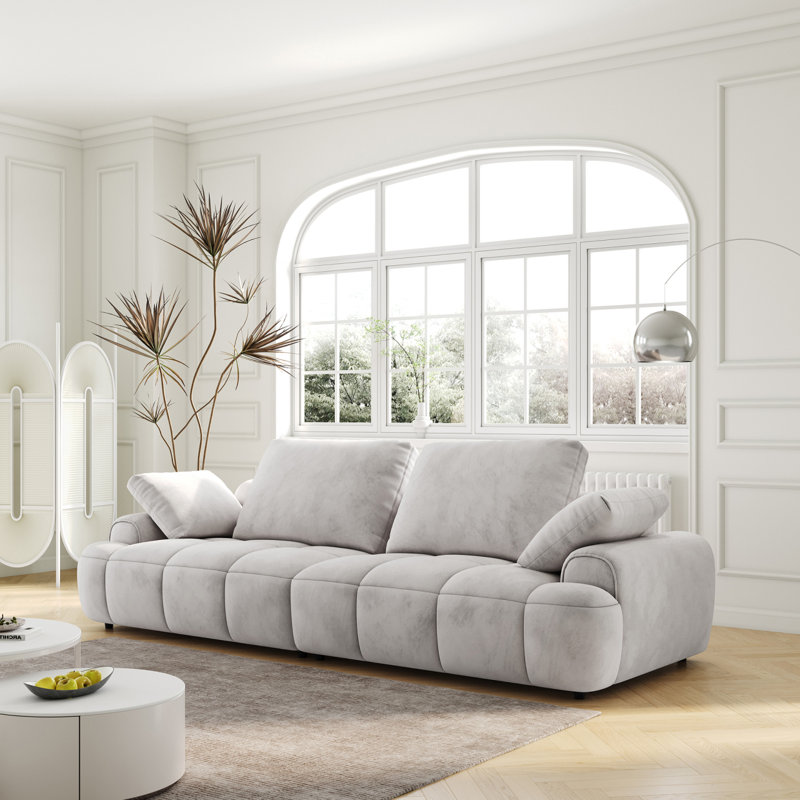 Modern Sofa 86.6″ Large  Two Seat Sofa, Upholstered,Gray Suede Fabric, Light Gray