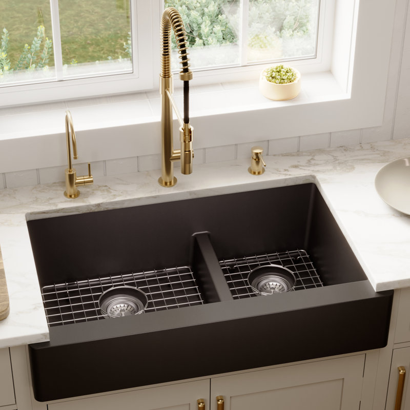 Karran Quartz 34'' X 21-1/4'' Double Bowl 60/40 Retrofit Farmhouse/Apron Front Kitchen Sink Kit, Black