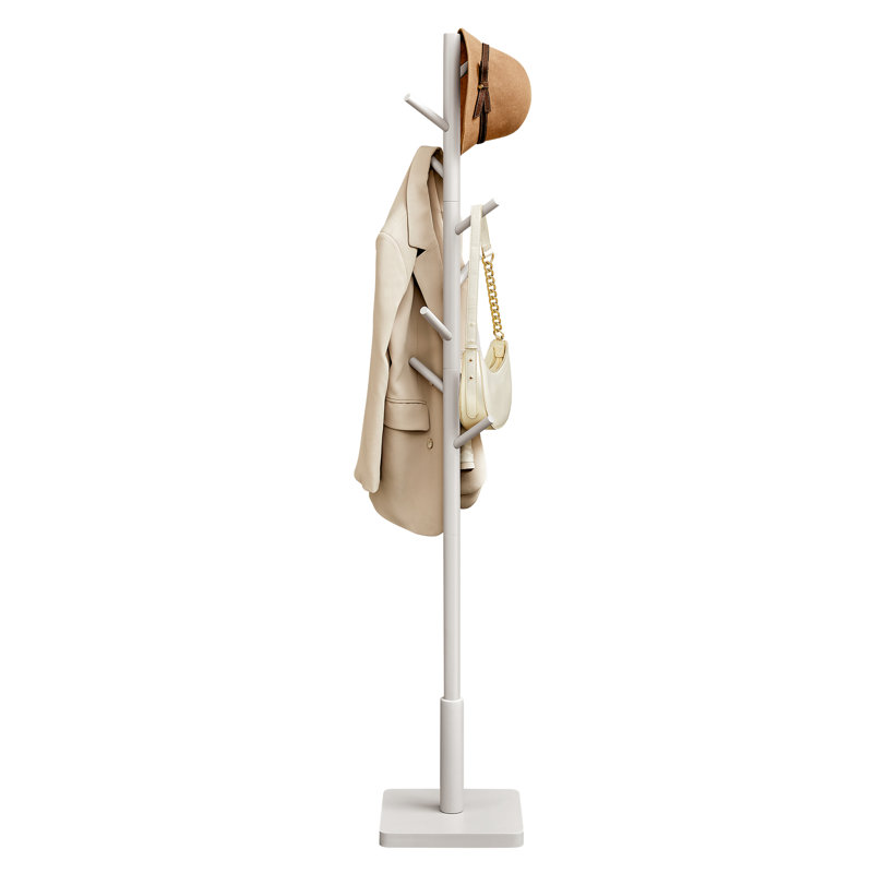 Trikomou Solid Wood 8-Hook Freestanding Coat Rack, Light Gray