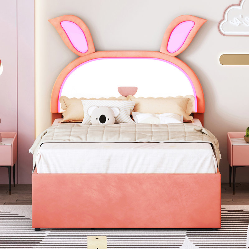 Lit tapissier avec lit gigogne et 3 tiroirs, tête de lit lapin charmant, rose, tête de lit pleine grandeur en forme de lapin en velours, aménagement peu encombrant