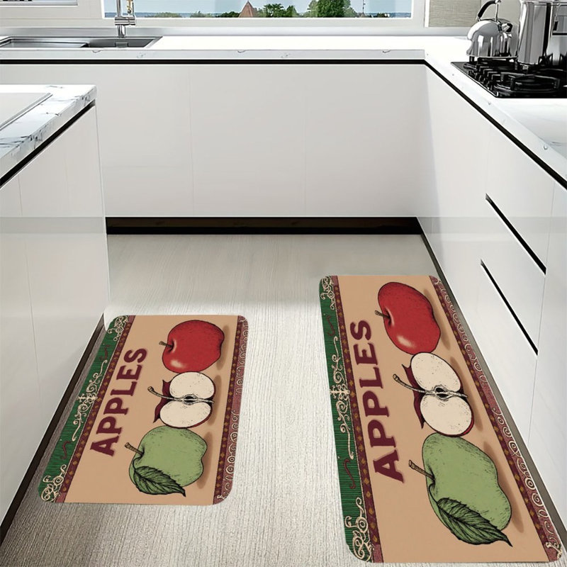 Pomme verte et rouge, ensemble de 2 tapis de cuisine, Orange / beige floral