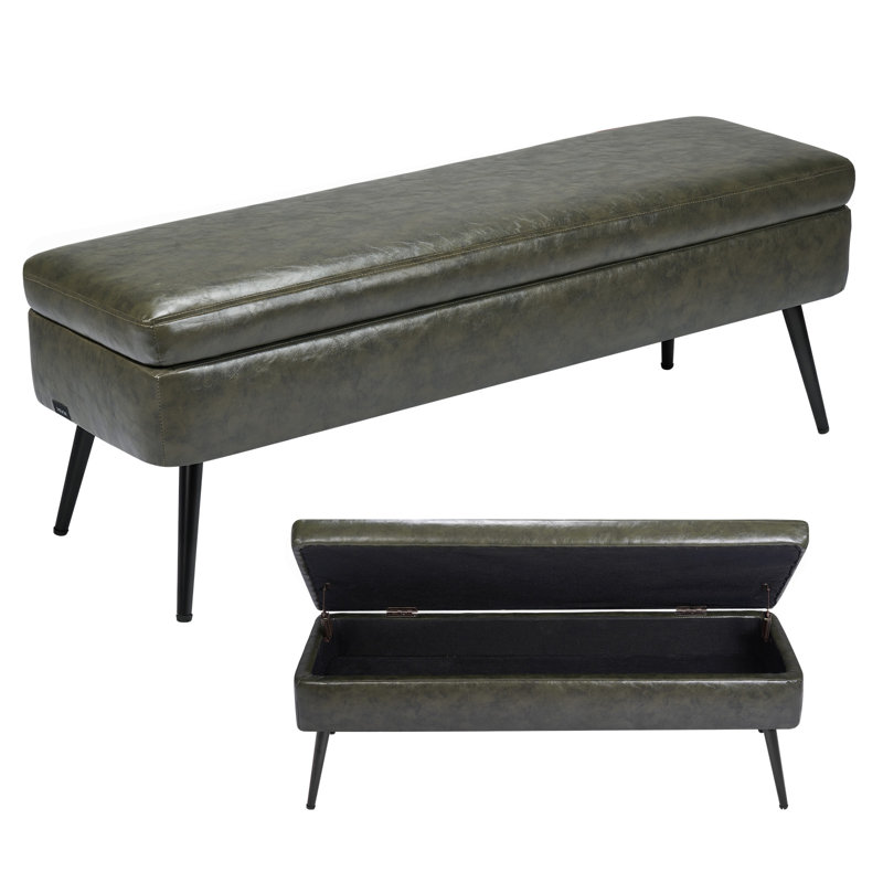 PU Leather Storage Ottoman Bench Shoe Seat with Storage & Metal Legs Green