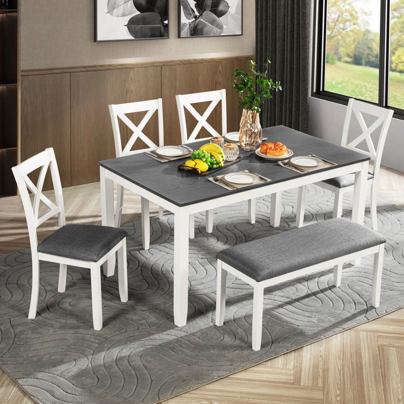 Caden Modern 6-Piece Wood Dining Table Set with Bench, White, Gray/White, Gray