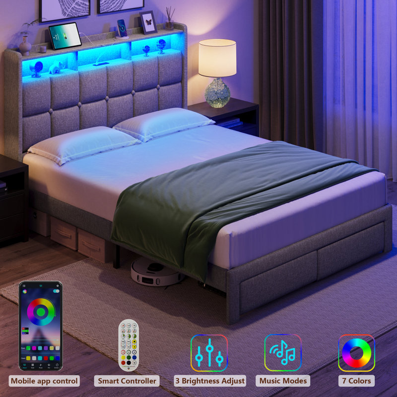 Light Gray Queen Upholstered Bed Frame with LED and Storage Drawers