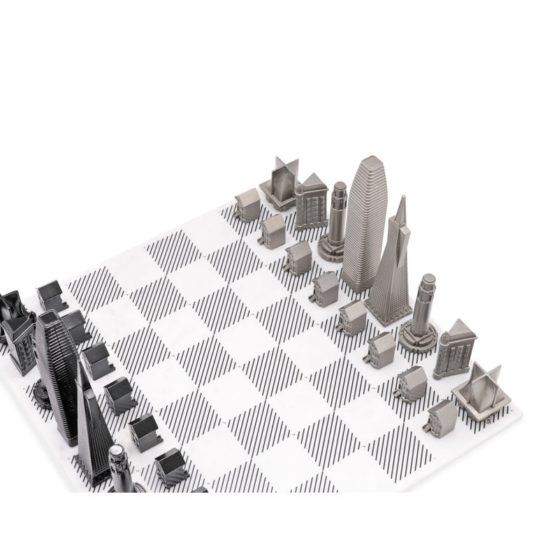 Stainless Steel SAN FRANCISCO Chess Set with Marble Hatch Board