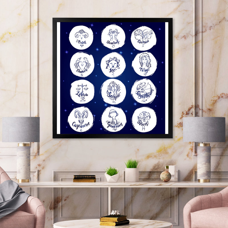 Signes du zodiaque sur bleu - Impression sur toile, H 16 po x l 16 po x P 1 po, Cadre photo noir
